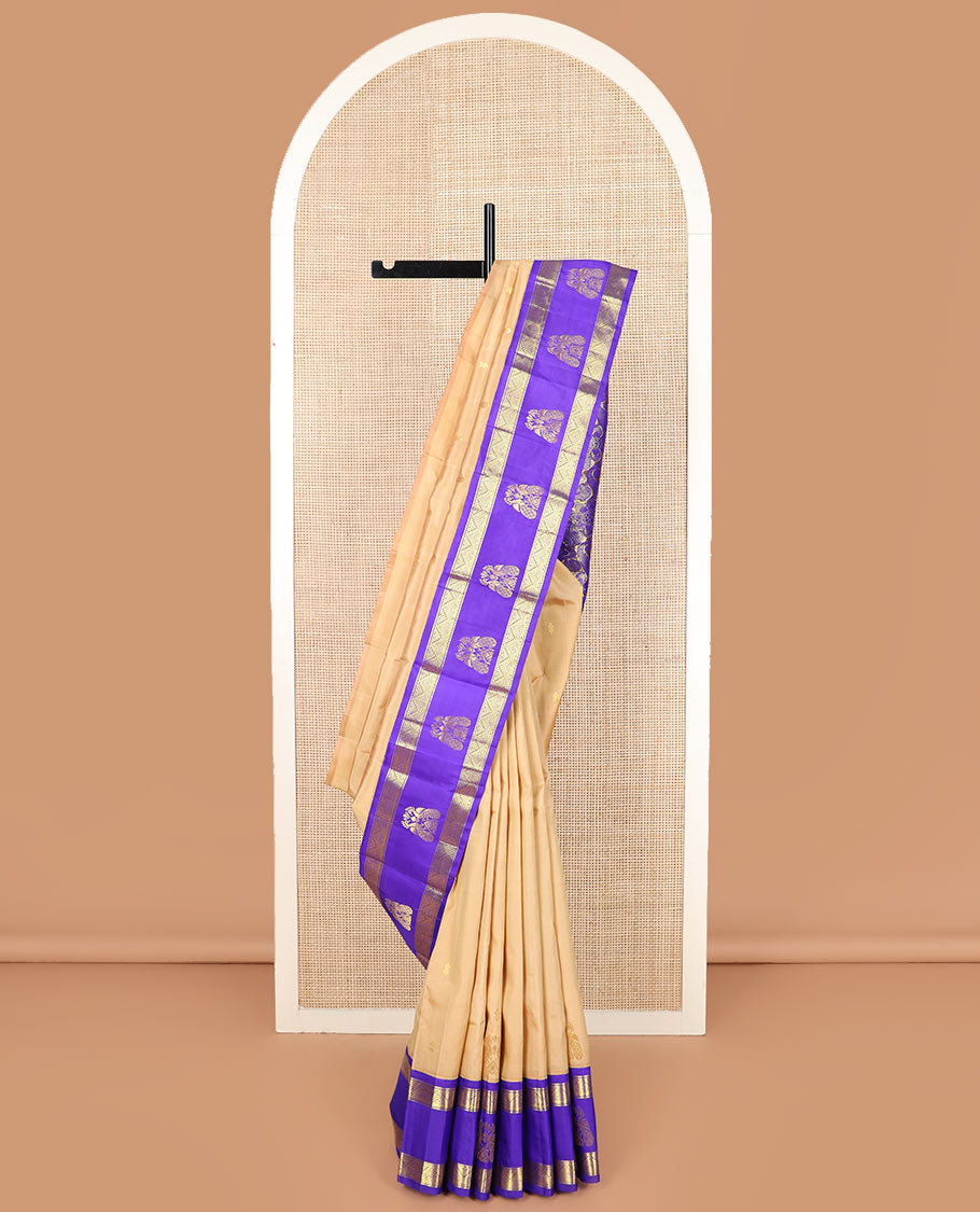 Sandal zari buttas Kanchipuram silk saree, contrast border of diamond, and mayil designs, and pallu of kamalam and manga designs