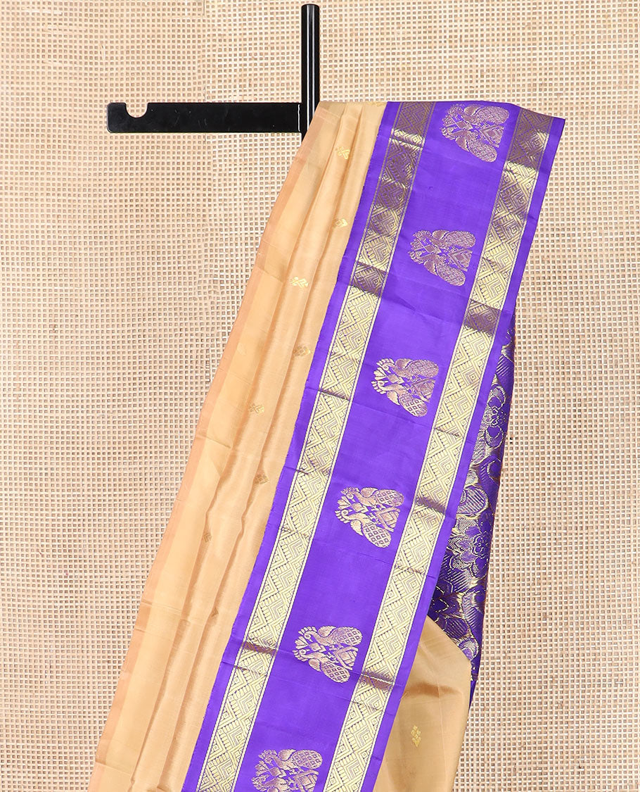 Sandal zari buttas Kanchipuram silk saree, contrast border of diamond, and mayil designs, and pallu of kamalam and manga designs