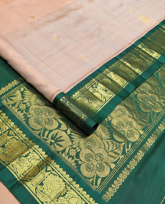 Sandal zari buttas Kanchipuram silk saree, contrast one-sided korvai border of thilakam mokku, and mayil designs, and floral design pallu