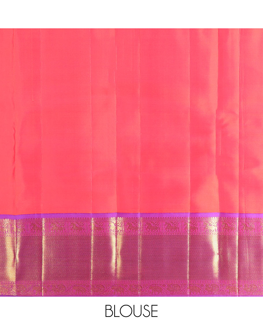 Cream manga buttas Kanchipuram silk saree, contrast ganga jamuna border of thilakam mokku, muthu, kuthirai,  and kodi mayil and yaanai designs, and jaal pallu