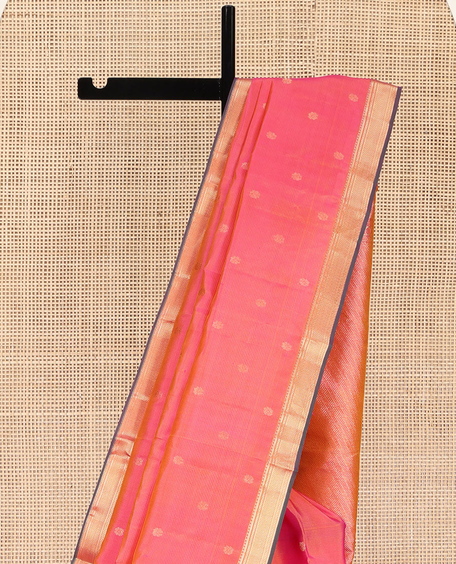 Pink Kanchipuram Silk Saree, Subtly Sparkled with Zari Buttas and Vazhaipoo Stripes All Over Its Body, Highlighted by a Zari Border of Rekku, Banaras, Neli, and Mayil Kann Designs, Intricately Designed Pallu, and Paired with a Matching Blouse