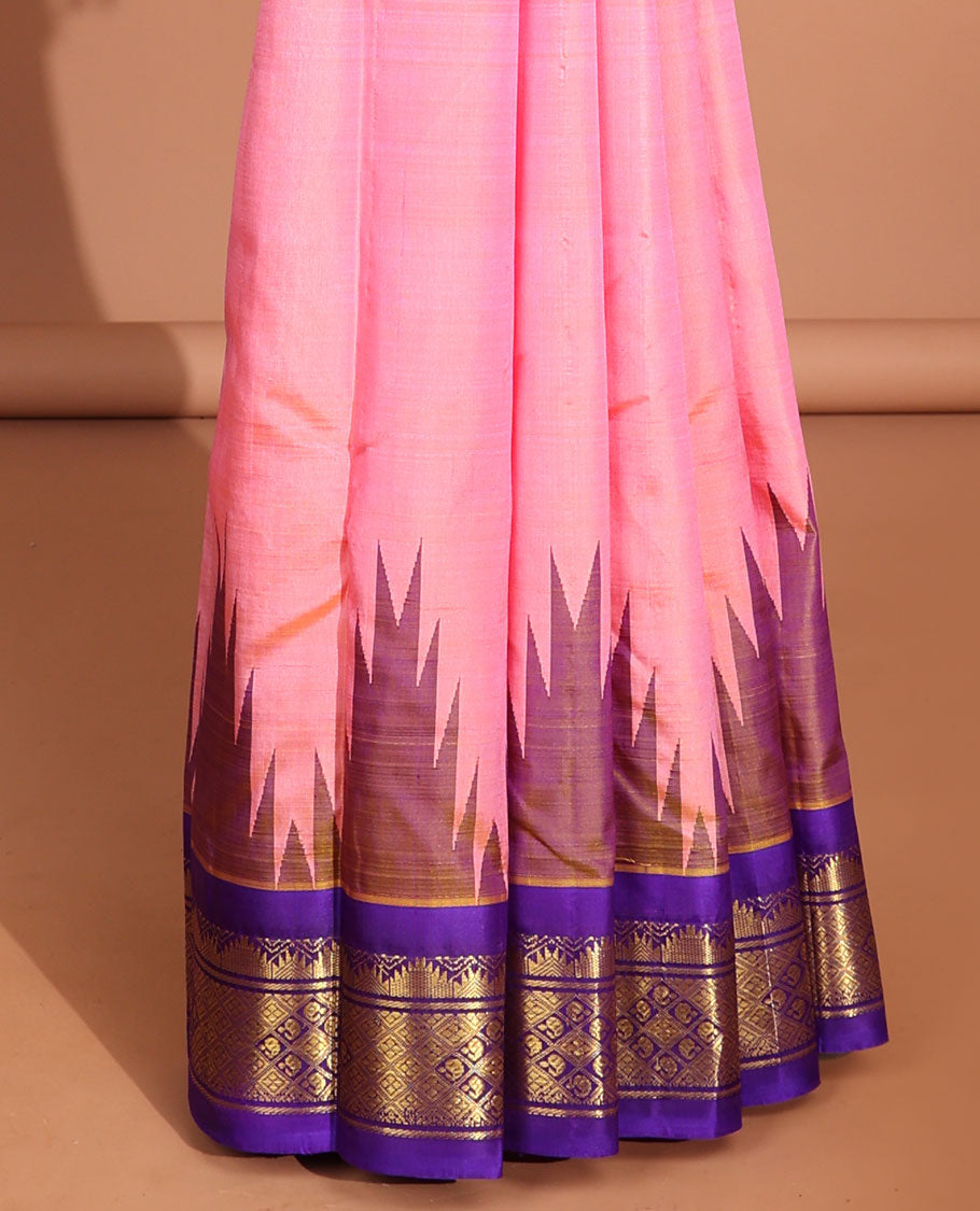Pink temple , floral design kancheepuram silk saree with contrast intricate zari border & pallu of argyle pattern