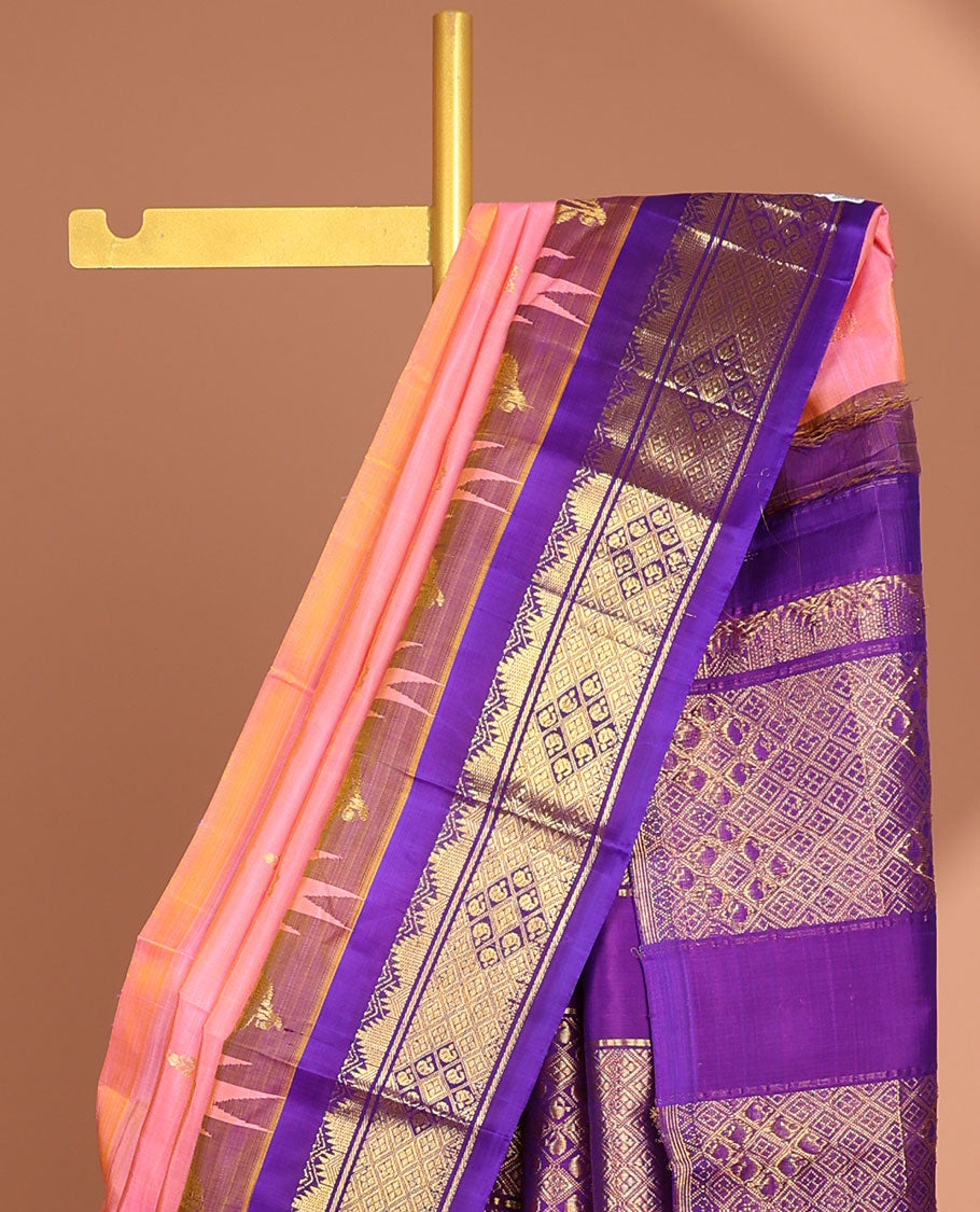 Pink temple , floral design kancheepuram silk saree with contrast intricate zari border & pallu of argyle pattern