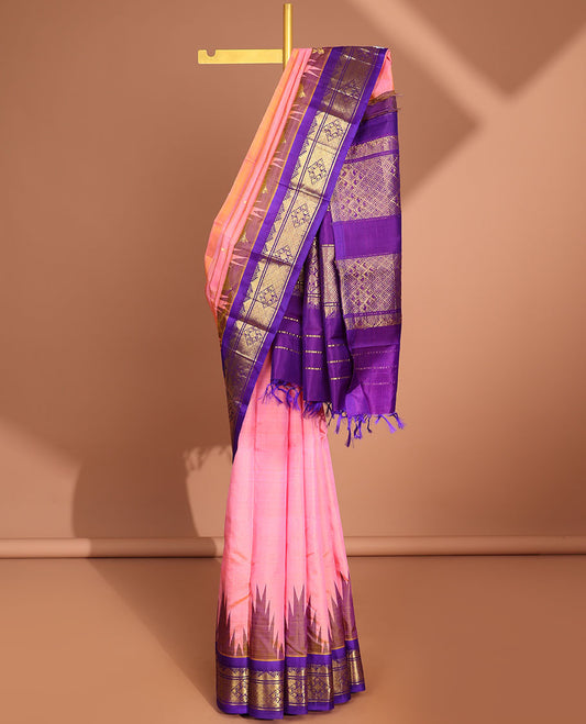 Pink temple , floral design kancheepuram silk saree with contrast intricate zari border & pallu of argyle pattern