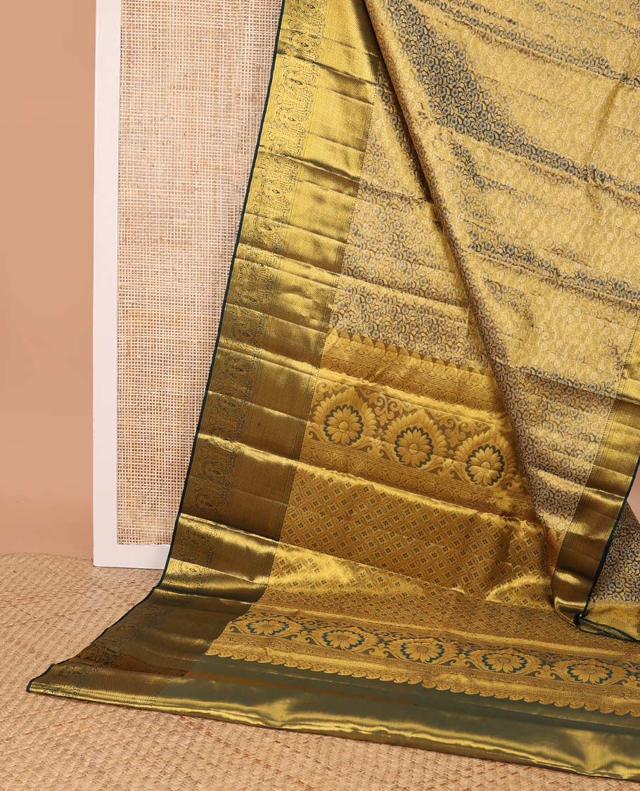 Green floral jacquard kancheepuram silk saree with contrast border of thilakam mokku, muthu, kathir, kuyil kann design & zari design pallu