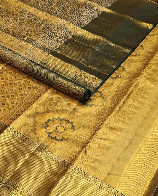 Green floral jacquard kancheepuram silk saree with contrast border of thilakam mokku, muthu, kathir, kuyil kann design & zari design pallu