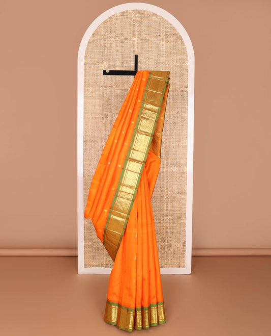 Orange zari buttas kancheepuram silk saree, contrast one-sided korvai border of salngai, banaras & jaal design