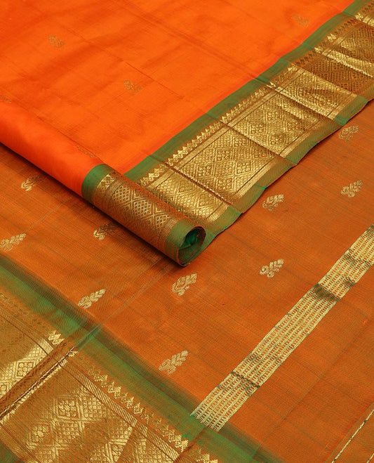 Orange zari buttas kancheepuram silk saree, contrast one-sided korvai border of salngai, banaras & jaal design