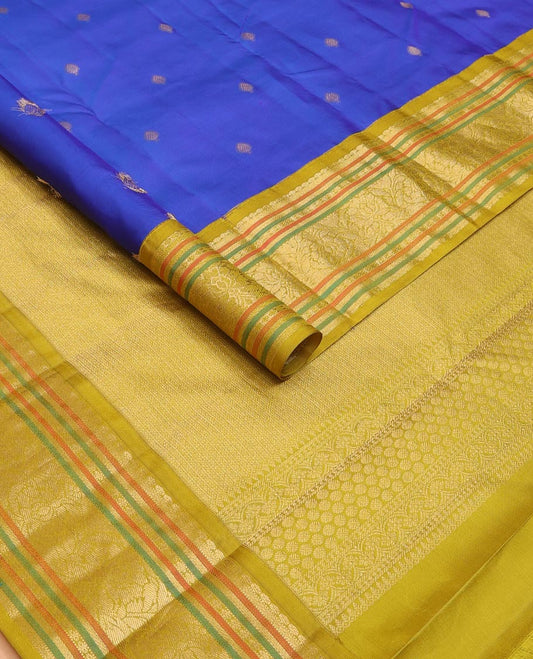 Blue zari buttas silk saree, contrast border of muthu,mayil kann,poun,kathir & floral design & neli striped pallu