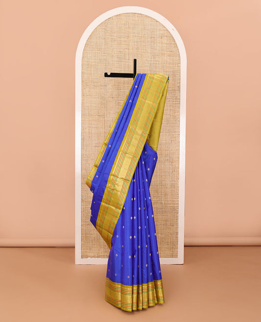 Blue zari buttas silk saree, contrast border of muthu,mayil kann,poun,kathir & floral design & neli striped pallu