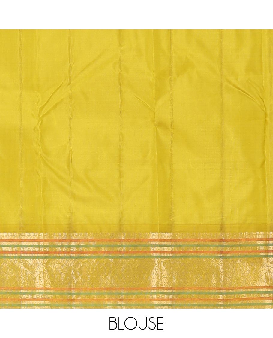Blue zari buttas silk saree, contrast border of muthu,mayil kann,poun,kathir & floral design & neli striped pallu