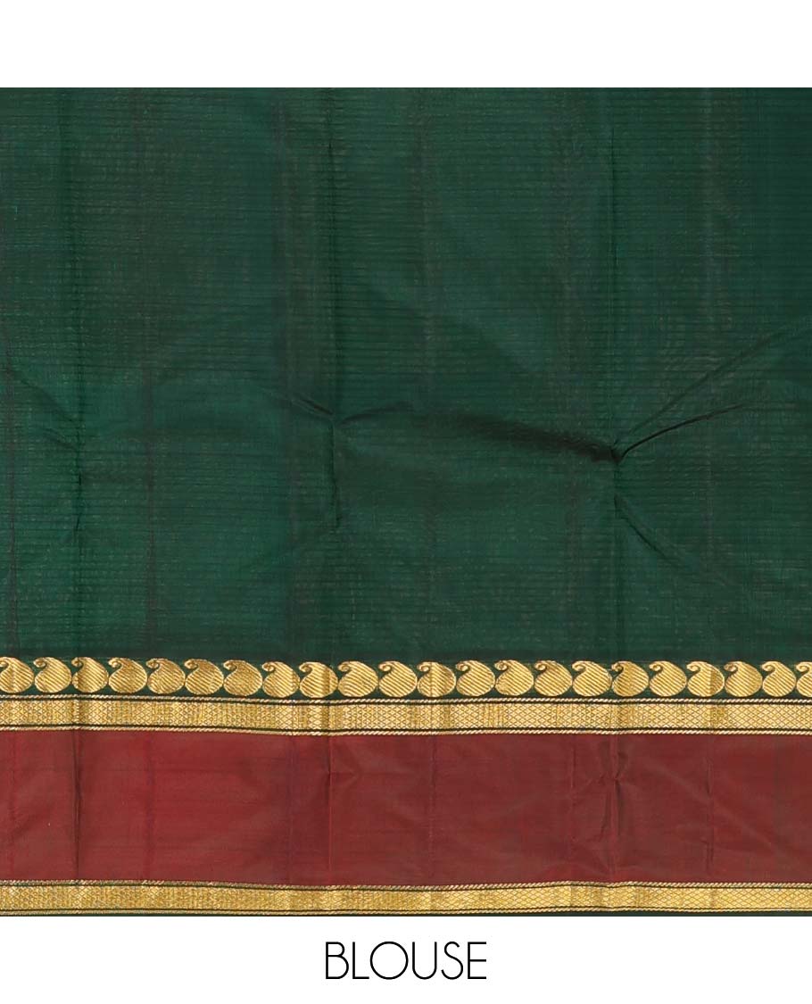 Green striped Kanchipuram silk saree, contrast rettai pettu border of manga, neli, and diamond designs, and striped pallu