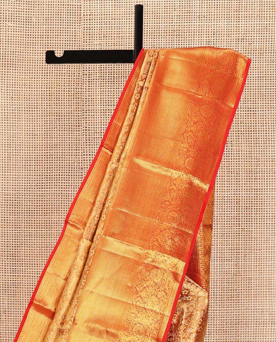 Red Kanchipuram Tissue Silk Saree, Richly Detailed with Floral Jaal Jacquard Design On Its Body, Highlighted by Zari Border of Thilakam Mokku, Muthu, Mayil Kann, and Kodi Visiry Designs, Grand Jaal Pallu, and Paired with a Matching Blouse