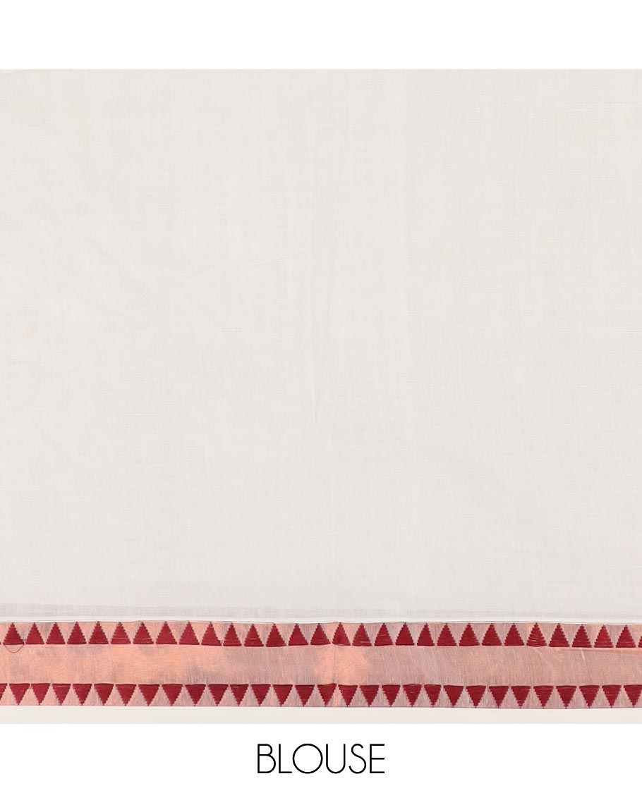 Cream copper zari buttas Kerala cotton saree, zari temple border, and pallu of intricate zari designs