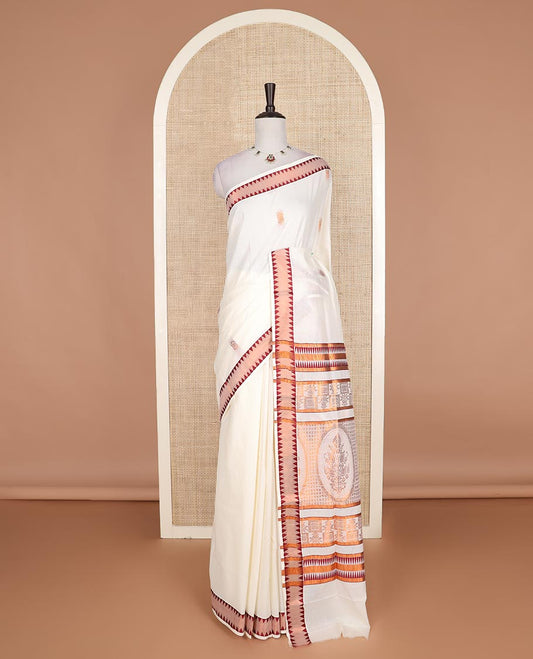 Cream copper zari buttas Kerala cotton saree, zari temple border, and pallu of intricate zari designs