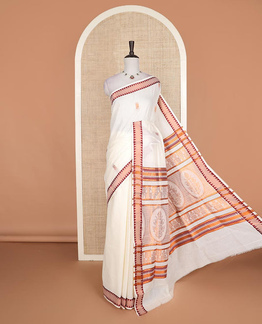 Cream copper zari buttas Kerala cotton saree, zari temple border, and pallu of intricate zari designs