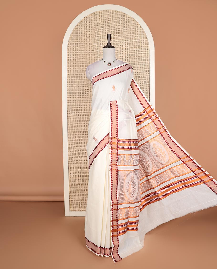 Cream copper zari buttas Kerala cotton saree, zari temple border, and pallu of intricate zari designs