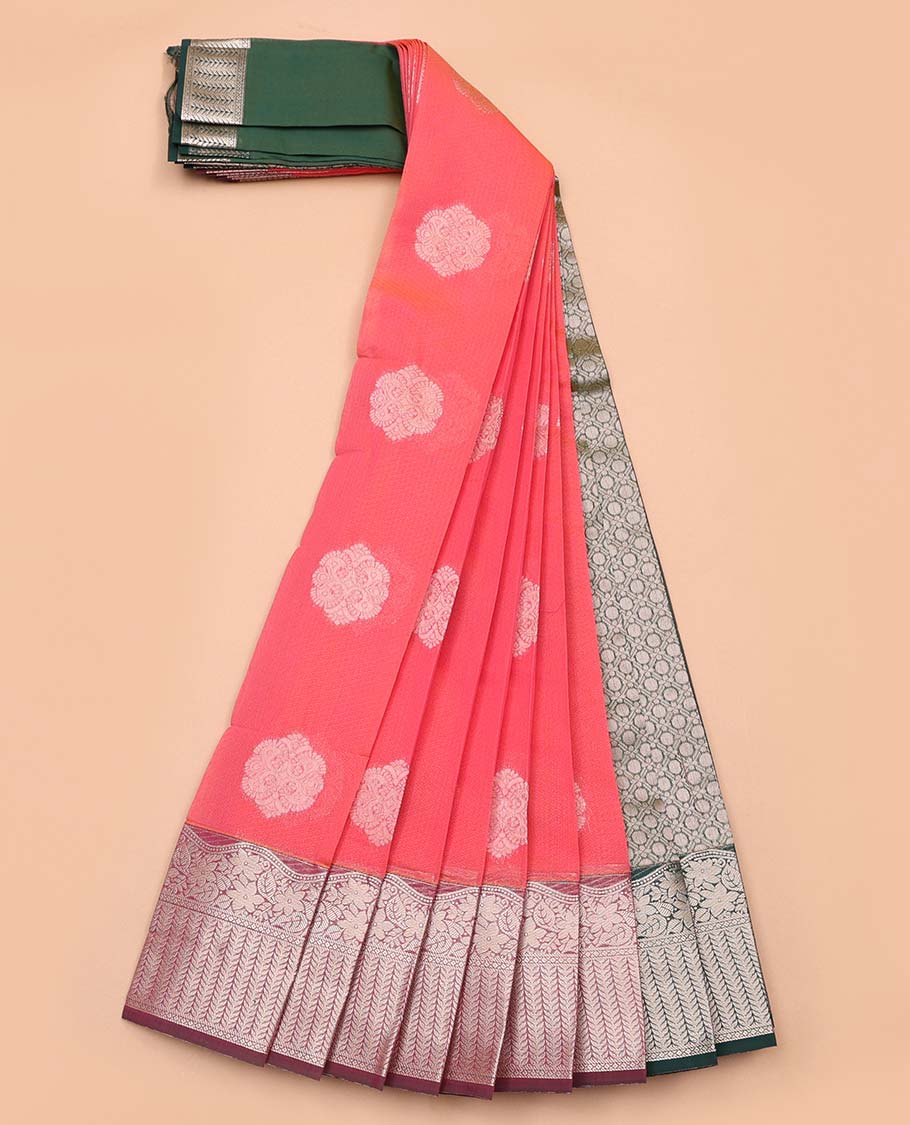 Red floral design kora cotton saree with contrast zari design border & jaal pallu