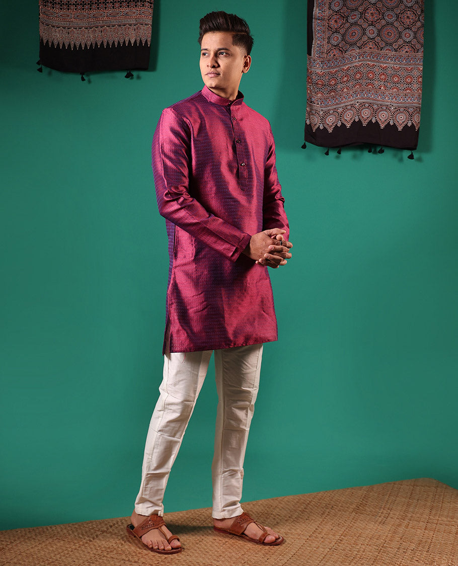 Glittering maroon unique patterns embossed full-sleeved men's kurta