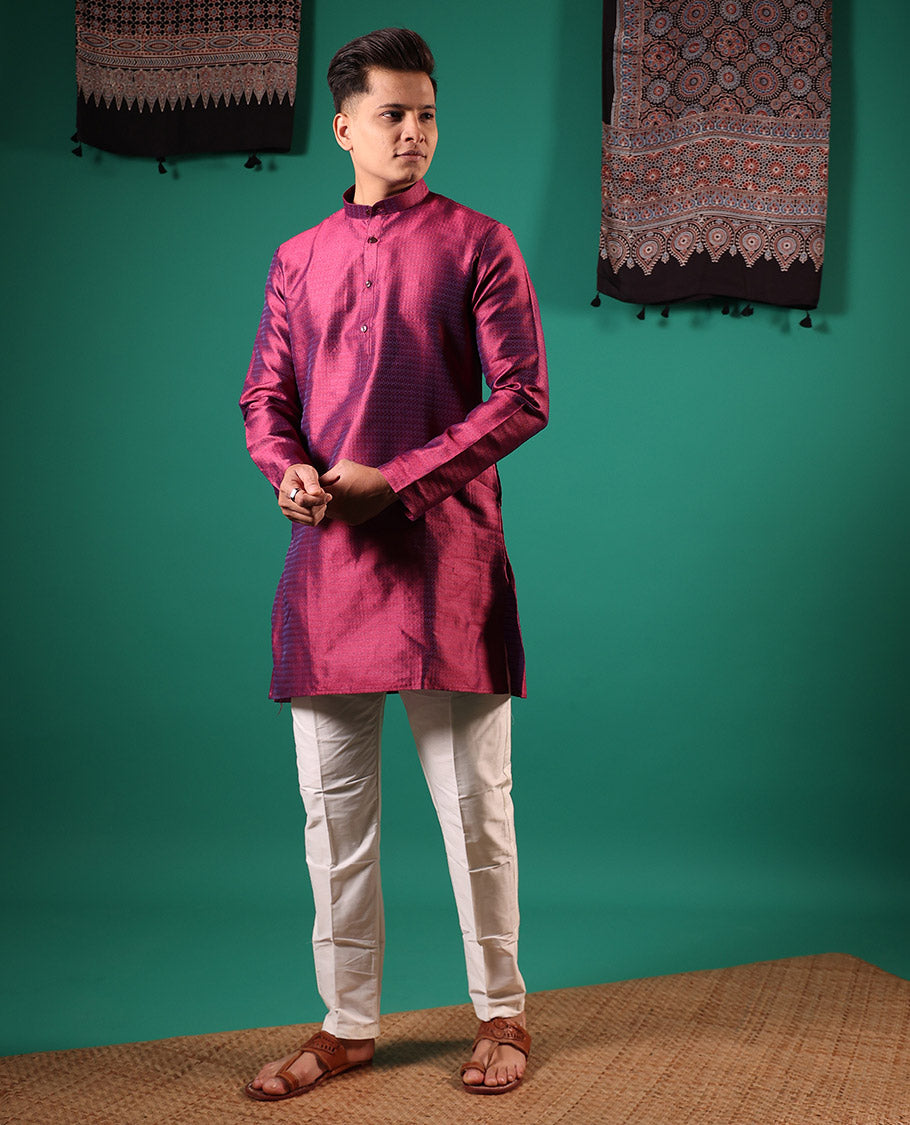 Glittering maroon unique patterns embossed full-sleeved men's kurta