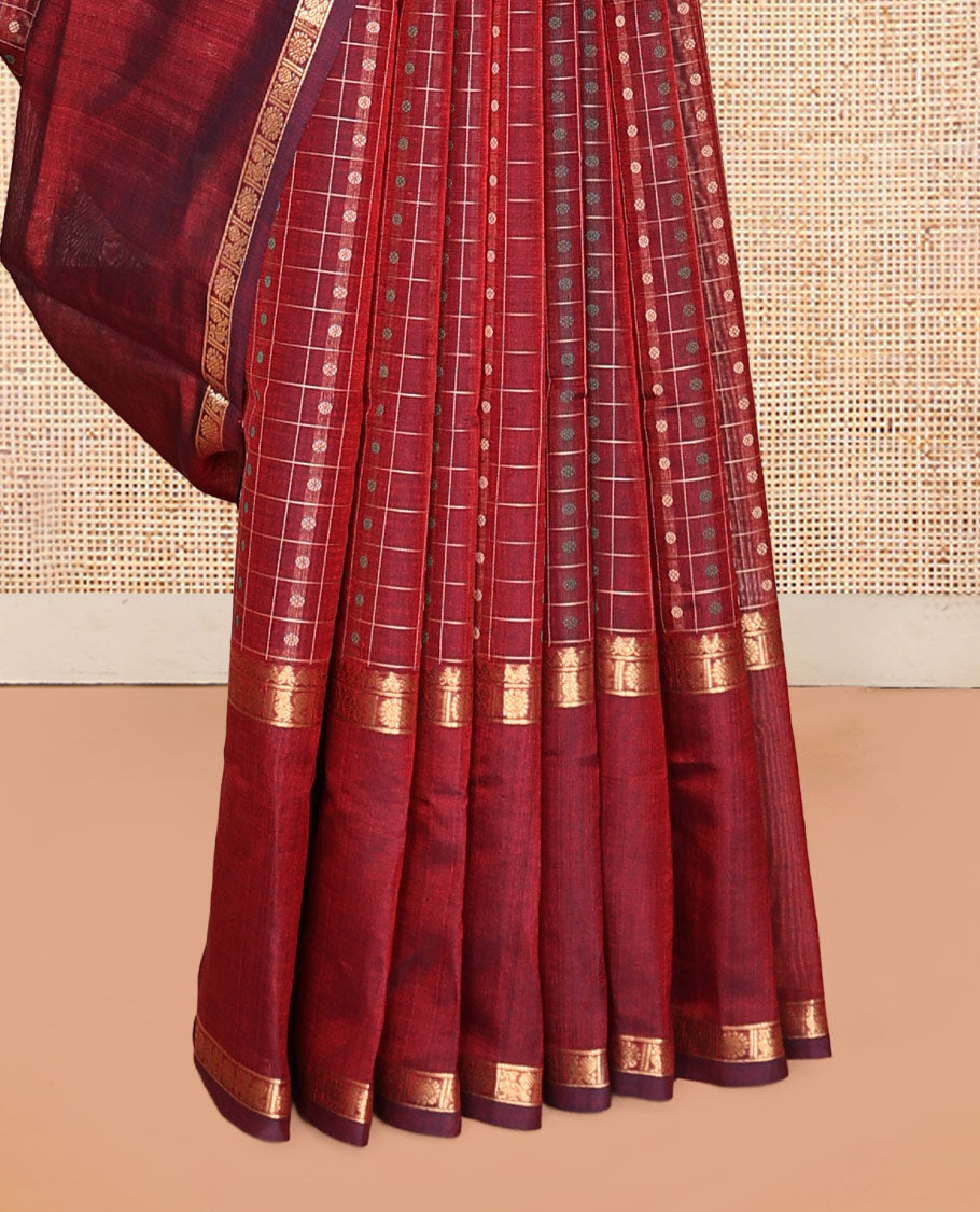 Maroon Buttas-Checks Kuppadam Silk Saree, a Contrast Double-Pet Peacock-Chakra Border, a Matching Blouse