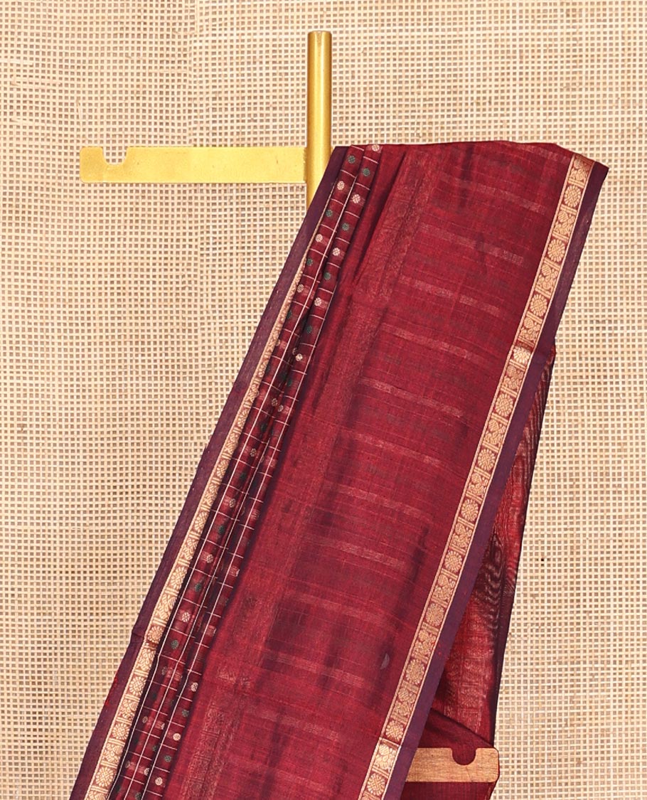 Maroon Buttas-Checks Kuppadam Silk Saree, a Contrast Double-Pet Peacock-Chakra Border, a Matching Blouse
