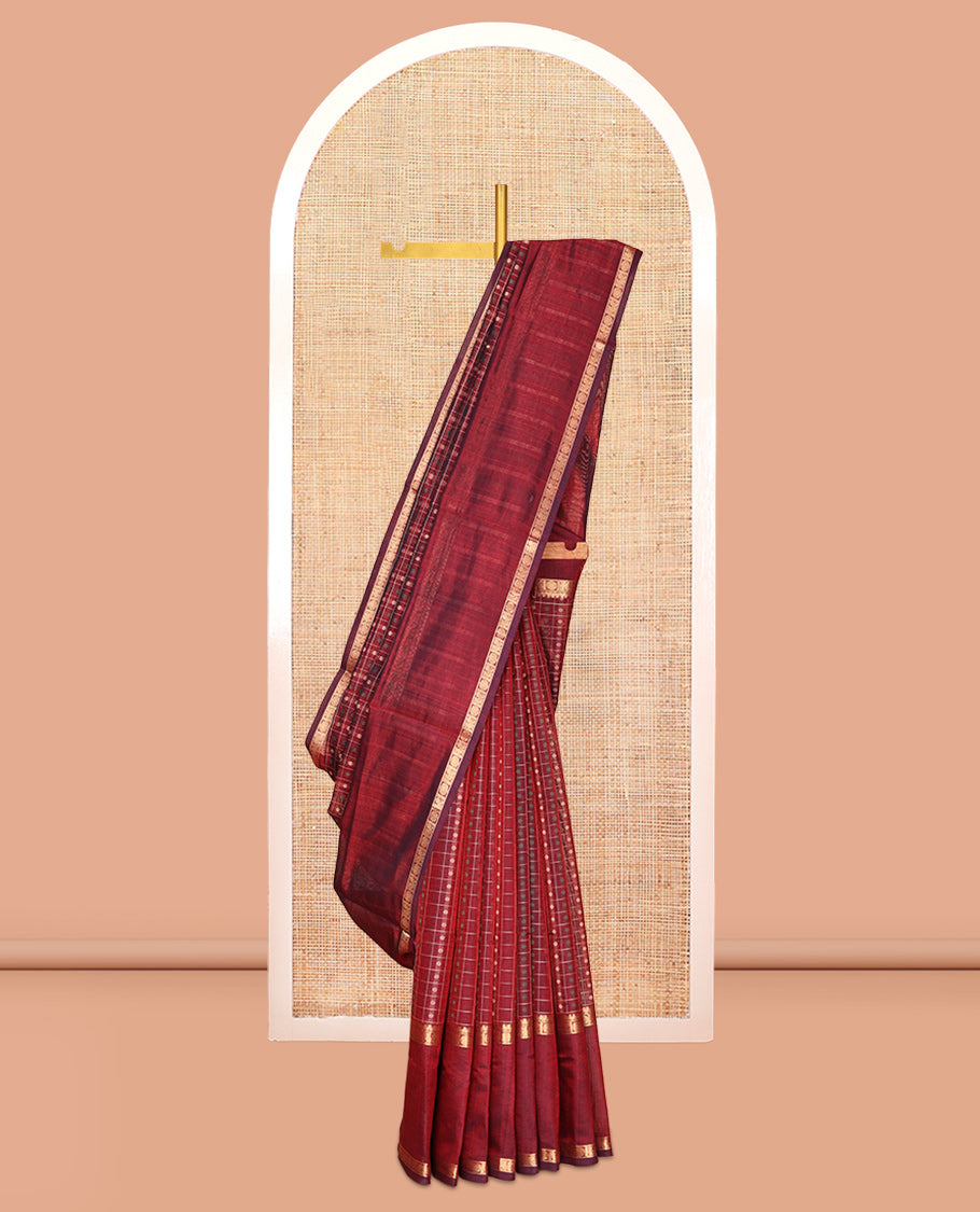 Maroon Buttas-Checks Kuppadam Silk Saree, a Contrast Double-Pet Peacock-Chakra Border, a Matching Blouse