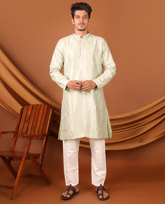 Green Paisley Designs Embossed Full-Sleeved Men's Kurta Set