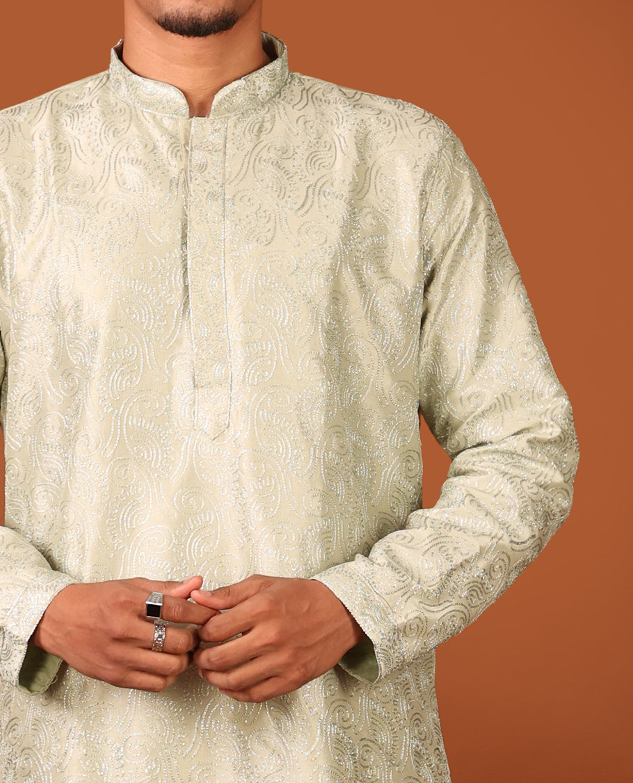 Green Paisley Designs Embossed Full-Sleeved Men's Kurta Set