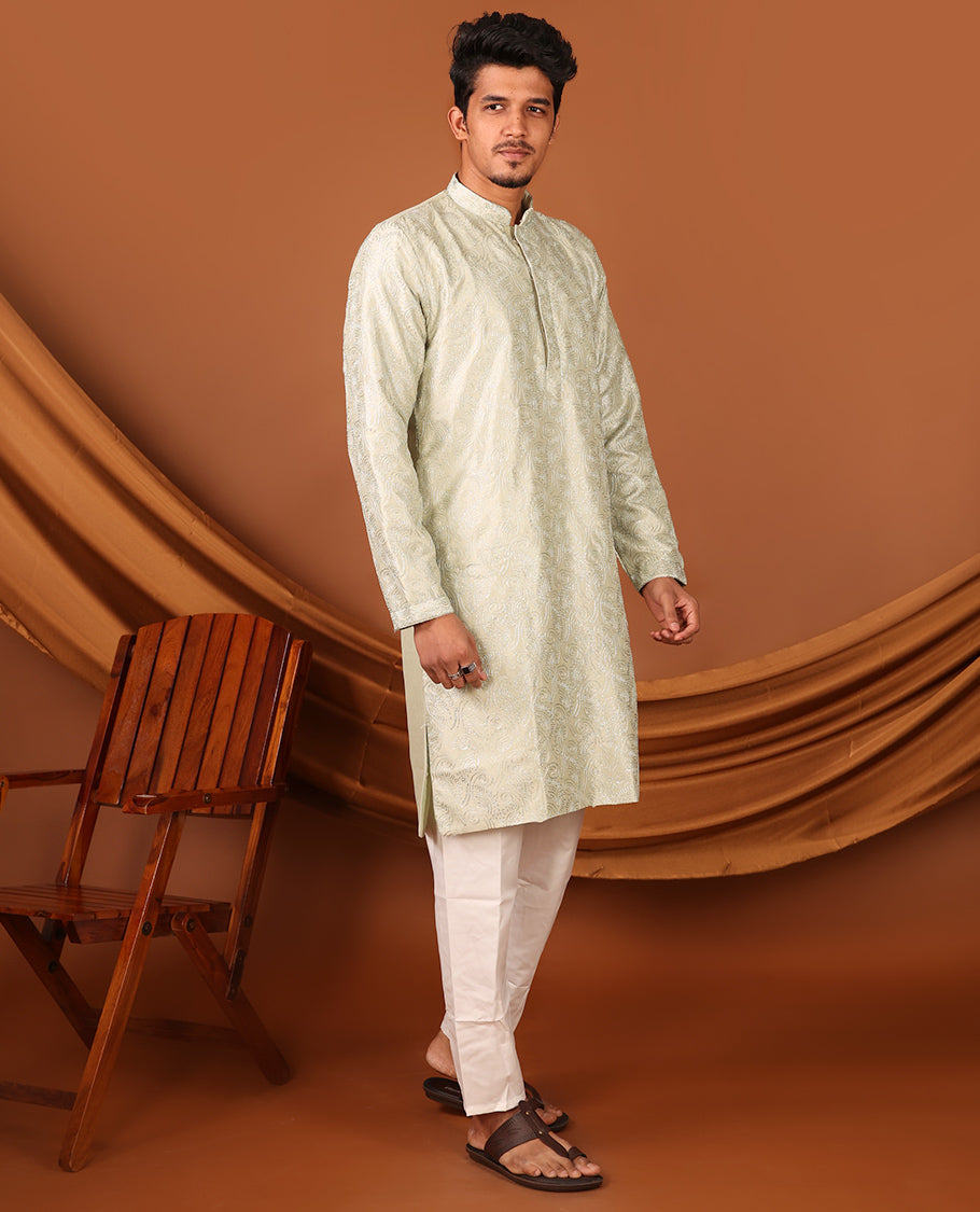 Green Paisley Designs Embossed Full-Sleeved Men's Kurta Set