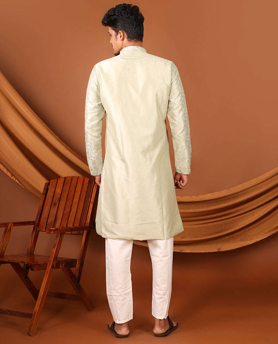 Green Paisley Designs Embossed Full-Sleeved Men's Kurta Set