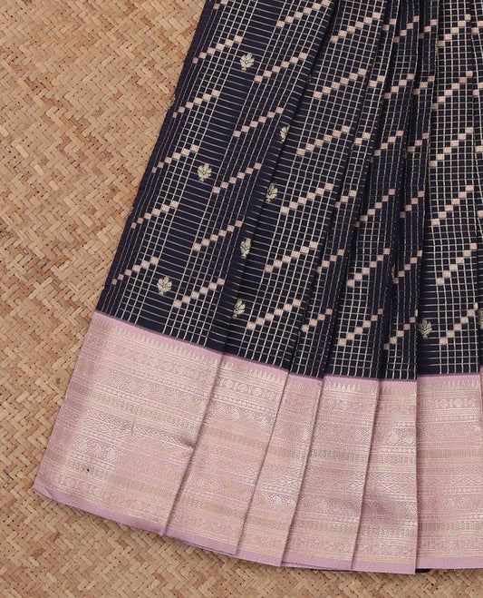 Black Litchi Saree, Richly Detailed with Zari Buttas and Checks, a Contrast Traditional Zari Border, Grand Pallu, and a Contrast Blouse