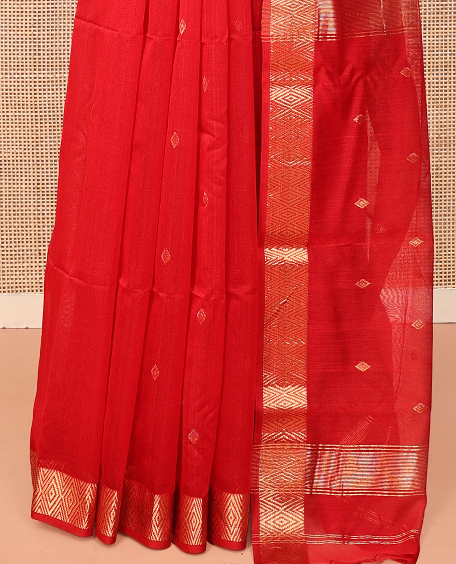Red Maheshwari Cotton Saree, Elevated with Buttas on Its Body, Highlighted by Chevron Zari Design Border, Pallu of Zari Designs, and Paired with a Matching Blouse