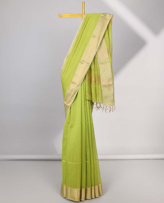 Green maheshwari cotton saree with contrast zari border & striped zari pallu