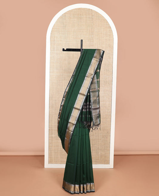Green maheshwari cotton saree with contrast  floral zari design border & striped pallu