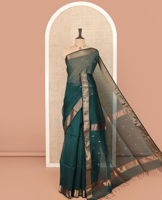 Green Maheshwari Cotton Saree Decorated with Diamond Zari Buttas, Highlighted with Traditional Zari Design Border, Pallu Steeped with Diamond Motifs, and Paired with a Matching Blouse