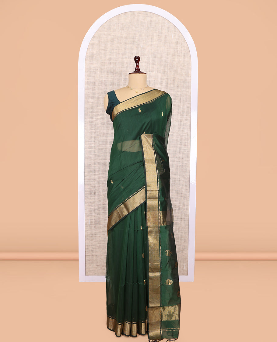 Green Maheshwari Cotton Saree, Elevated with Buttas, Highlighted by a Traditional Zari Border, Pallu of Paisleys, and a Matching Blouse