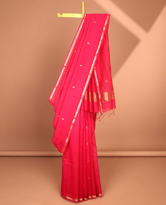 Pink floral motifs maheswari cotton saree with self-zari border & floral motifs pallu
