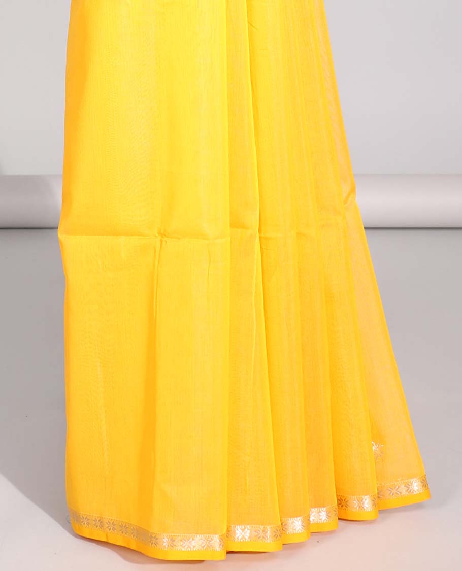 Yellow floral motifs maheswari cotton saree with self-zari border & floral motifs pallu