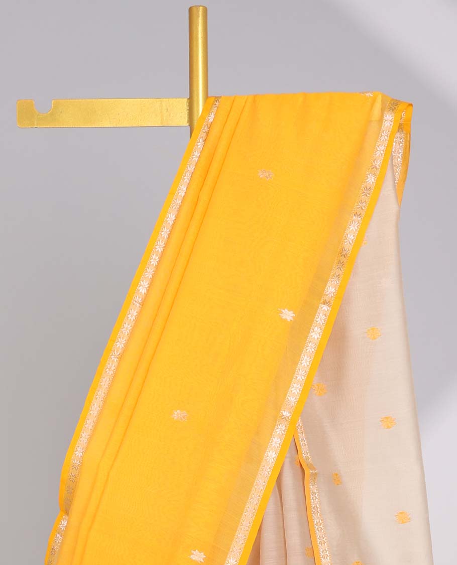 Yellow floral motifs maheswari cotton saree with self-zari border & floral motifs pallu