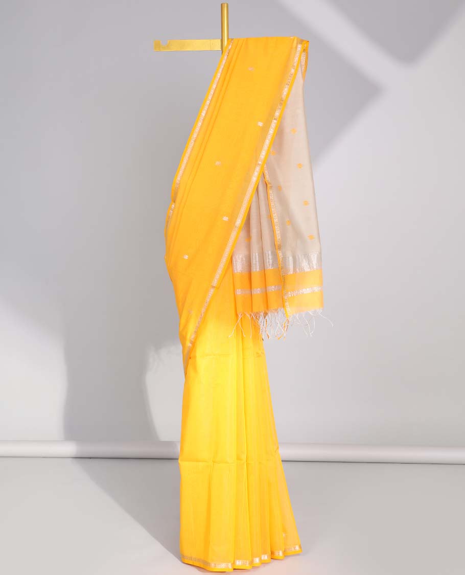 Yellow floral motifs maheswari cotton saree with self-zari border & floral motifs pallu