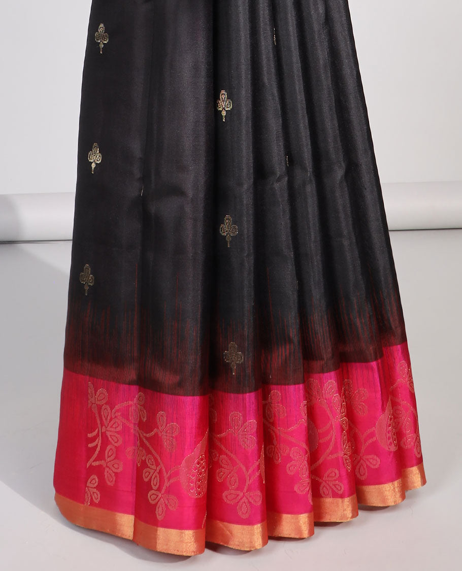 Black floral buttas soft silk saree with contrast floral zari border & floral zari design pallu