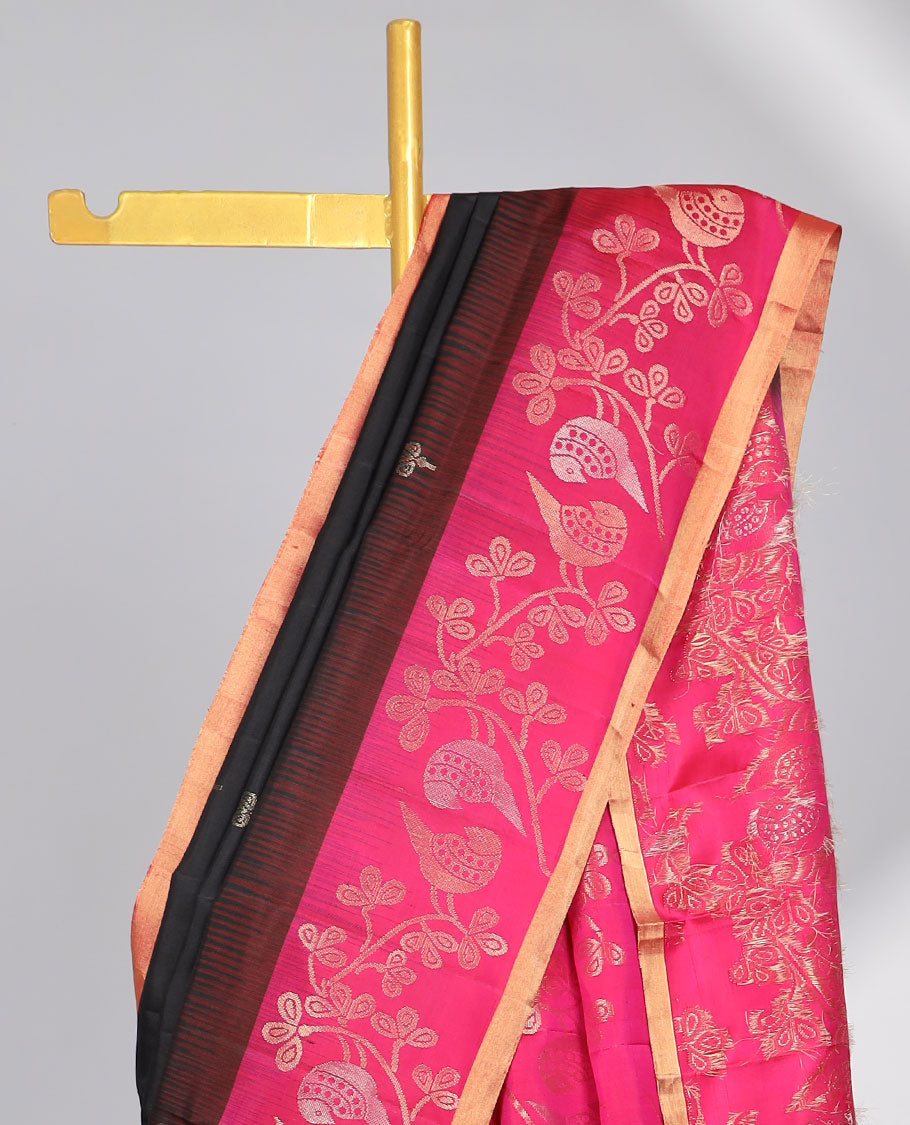 Black floral buttas soft silk saree with contrast floral zari border & floral zari design pallu