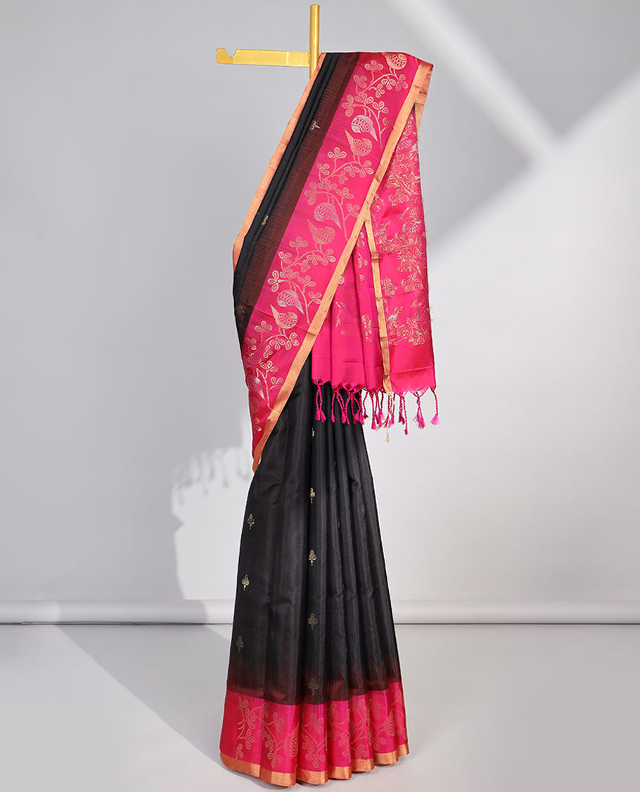 Black floral buttas soft silk saree with contrast floral zari border & floral zari design pallu