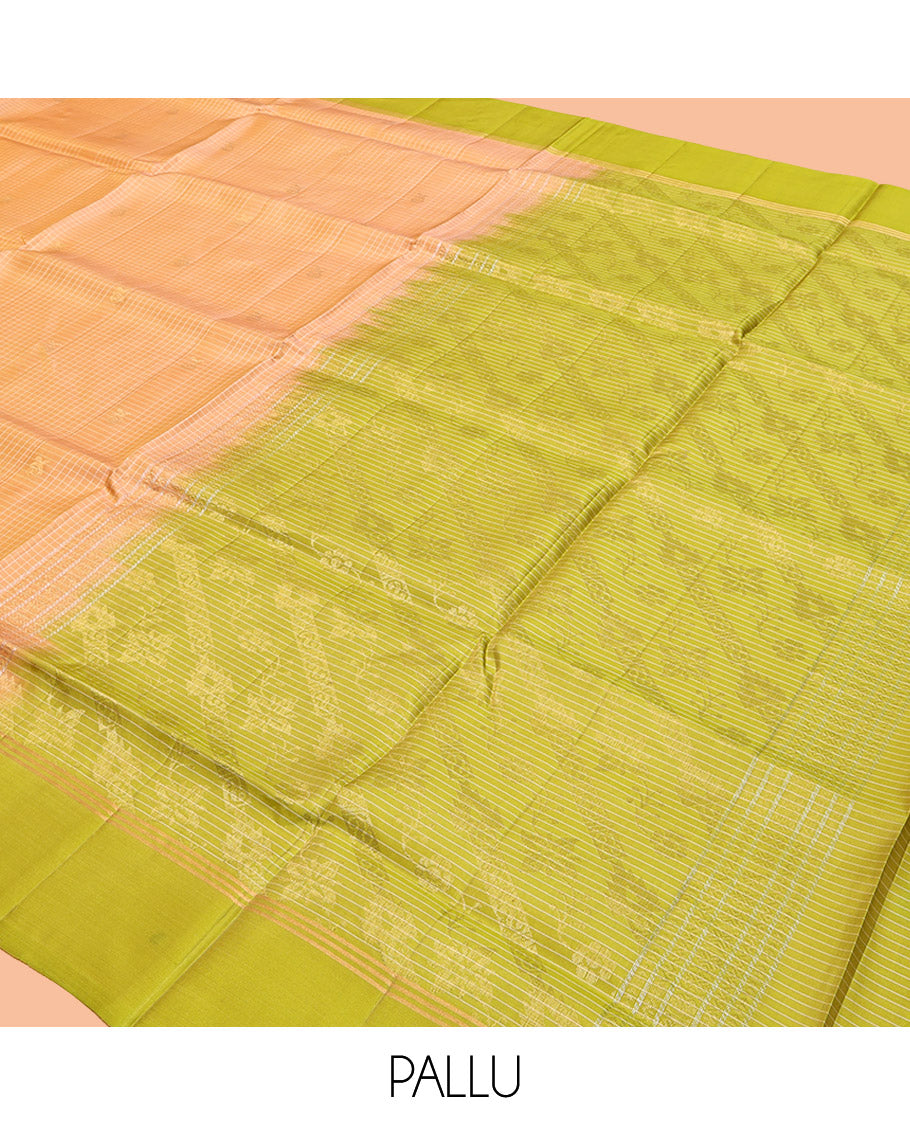 Peach Mayuri Lite Silk Mix Saree, Subtly Sparkled With Zari Buttas and Checks, Complemented by Contrast Border, Intricate Pallu and a Contrast Blouse