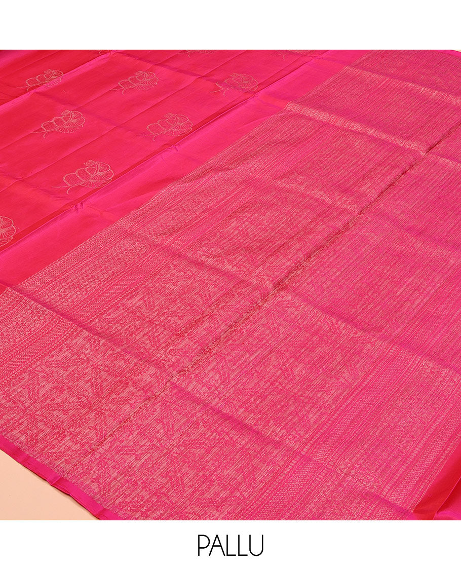 Borderless Pink Mayuri Soft Silk Saree, Graced with Buttas, Subtly Sparkled Pallu, and a Matching Blouse