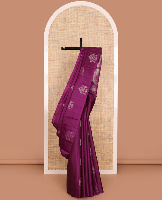 Borderless Purple Mayuri Soft Silk Saree Richly Detailed with Zari Buttas All Over Its Body, Highlighted by Grand Zari Woven Pallu Featuring Mughal-Style Designs, and Paired with a Matching Blouse