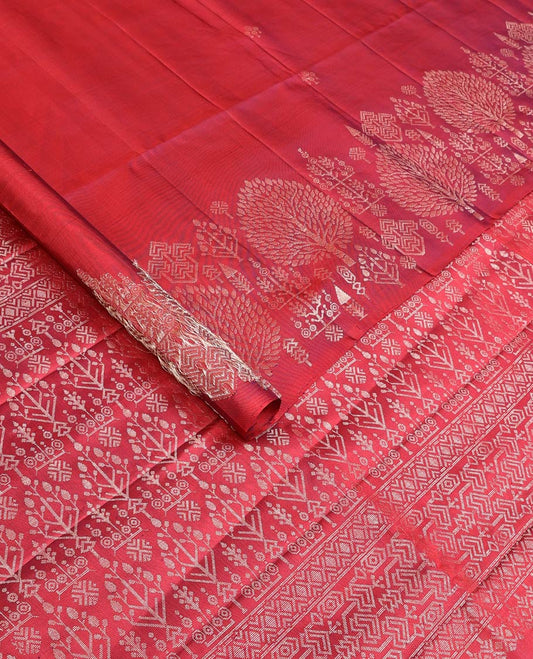 Red zari buttas soft silk saree, zari border of pine tree designs, and pallu of intricate designs