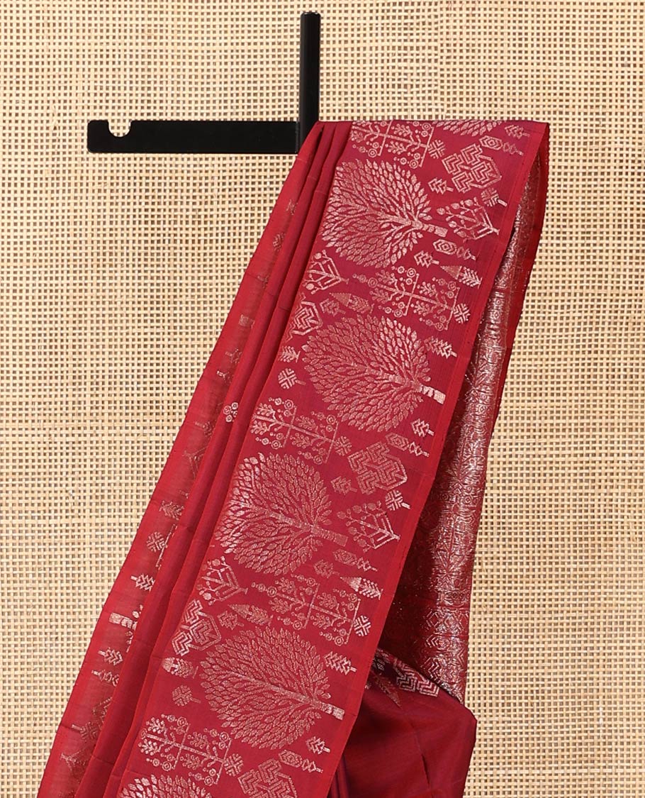 Red zari buttas soft silk saree, zari border of pine tree designs, and pallu of intricate designs