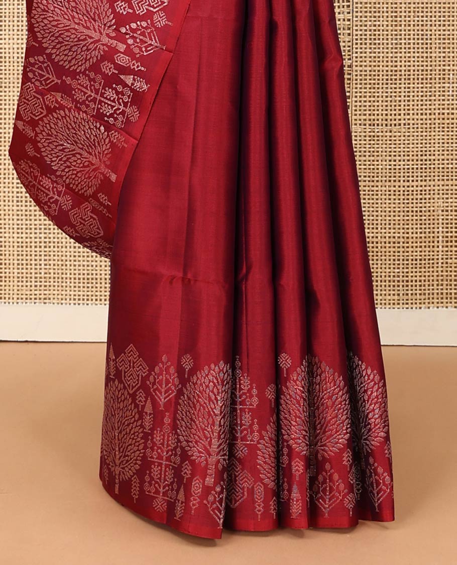 Red zari buttas soft silk saree, zari border of pine tree designs, and pallu of intricate designs